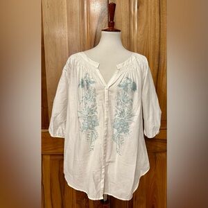 NWT Karen Kane - Silk/Cotton Call of the Canyon Embroidered Top Cream/Sage Green